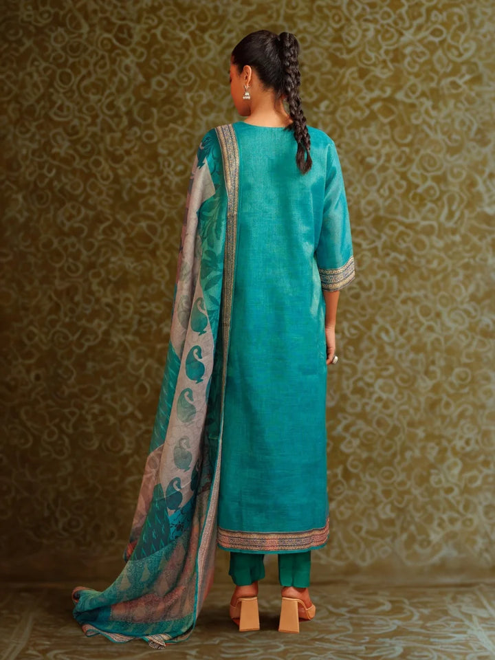 Teal Kurti Set in Linen Tissue-Silk with Digital Print & Hand Embroidery Work