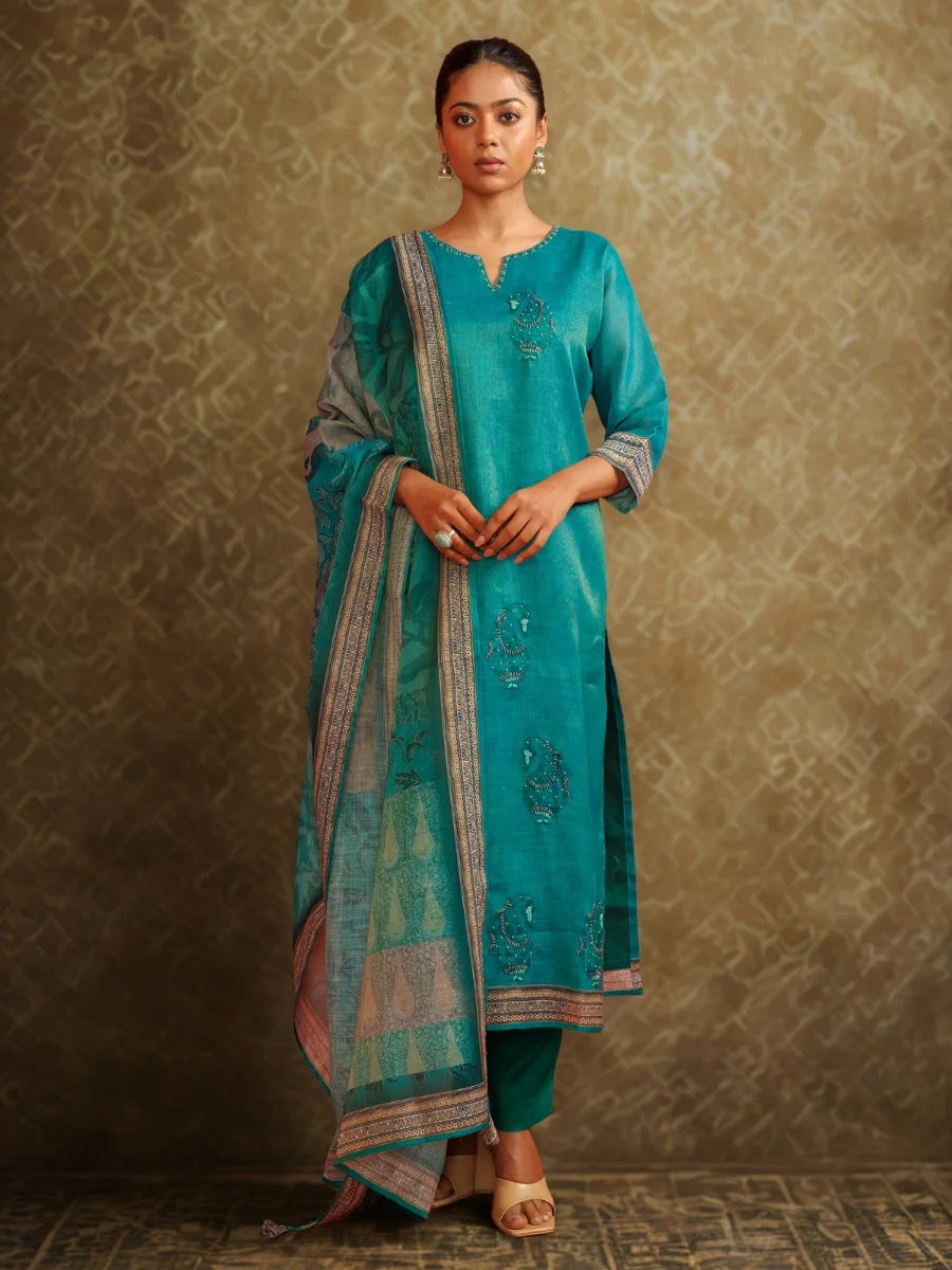 Teal Kurti Set in Linen Tissue-Silk with Digital Print & Hand Embroidery Work