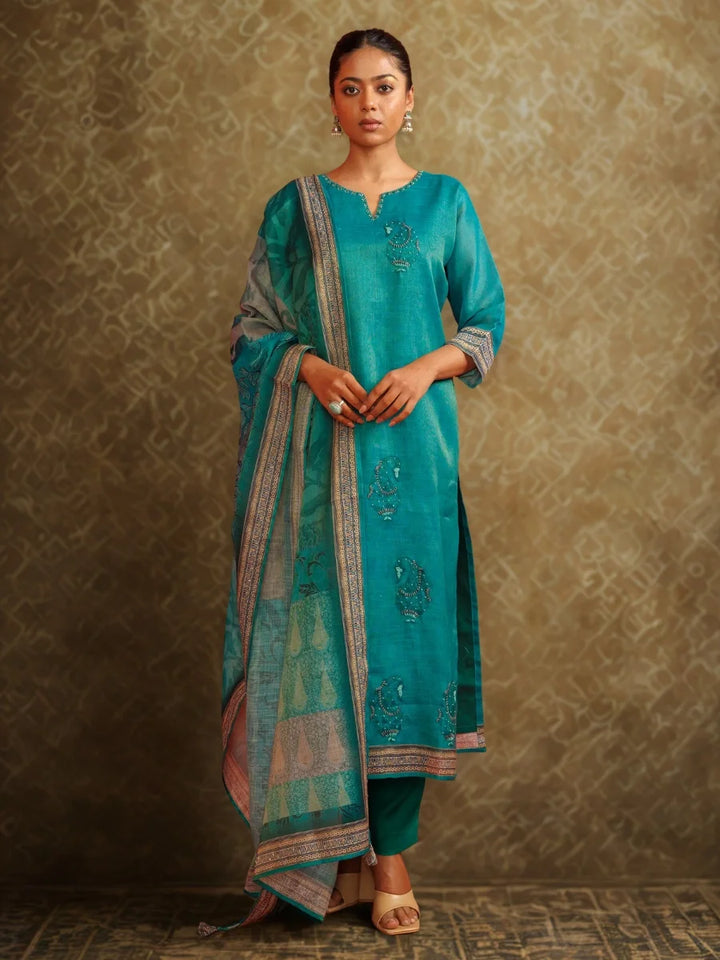 Teal Kurti Set in Linen Tissue-Silk with Digital Print & Hand Embroidery Work