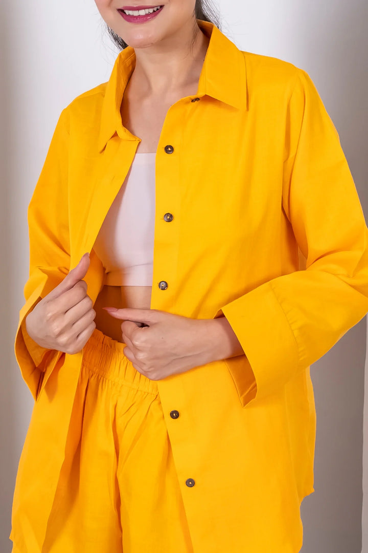 Mustard Cotton Shorts and Shirt Co-Ord Set for Women