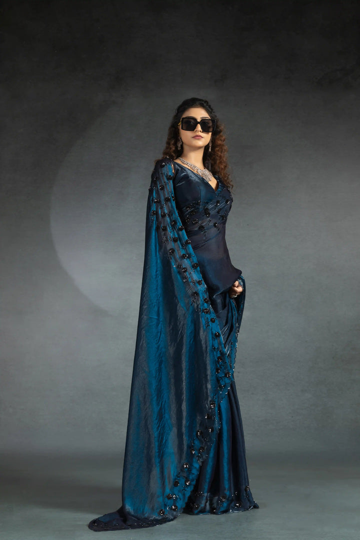 Elegant Two Tone Satin Silk Saree with Hand & Bead Work