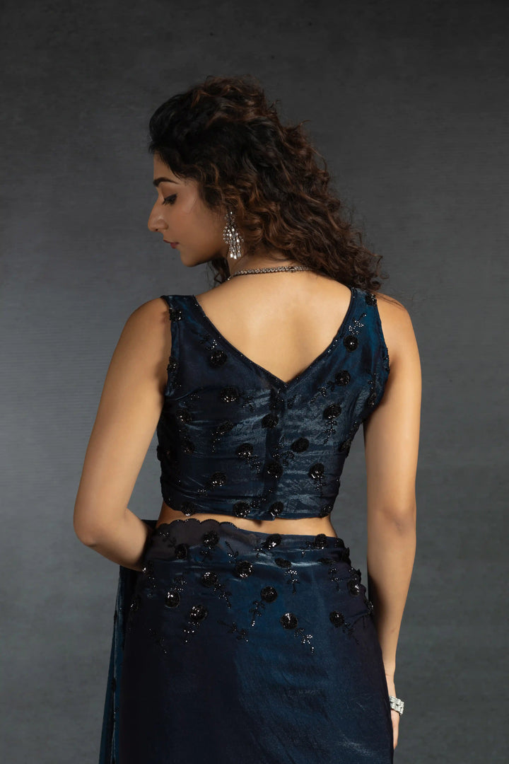 Elegant Two Tone Satin Silk Saree with Hand & Bead Work