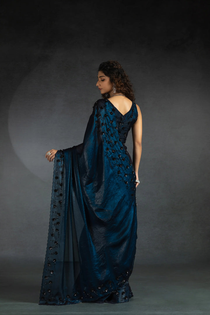 Elegant Two Tone Satin Silk Saree with Hand & Bead Work