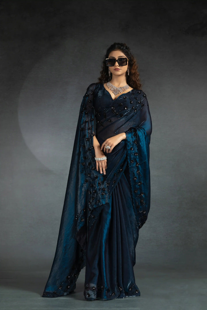 Elegant Two Tone Satin Silk Saree with Hand & Bead Work