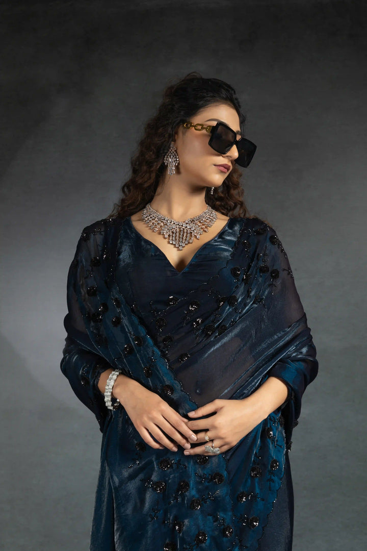 Elegant Two Tone Satin Silk Saree with Hand & Bead Work