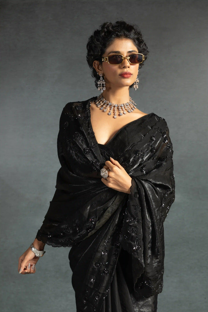 Elegant Two Tone Satin Silk Saree with Hand & Bead Work