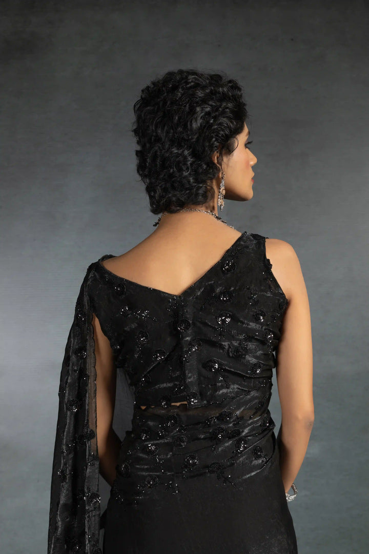Elegant Two Tone Satin Silk Saree with Hand & Bead Work