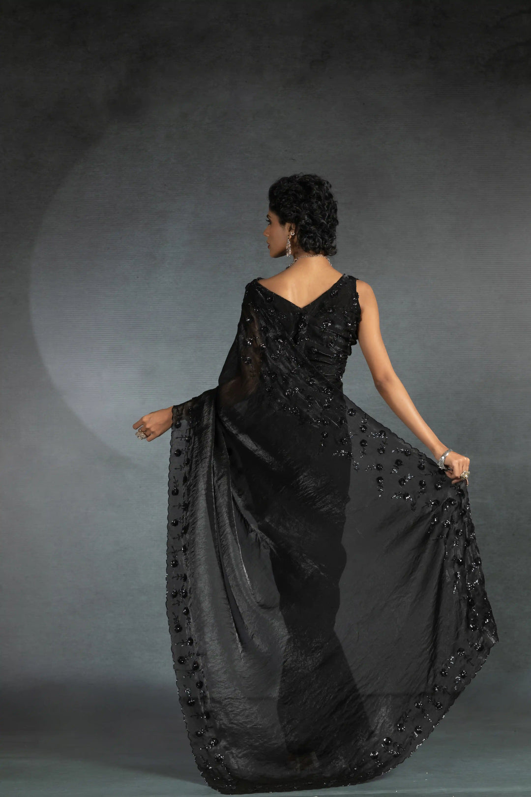 Elegant Two Tone Satin Silk Saree with Hand & Bead Work