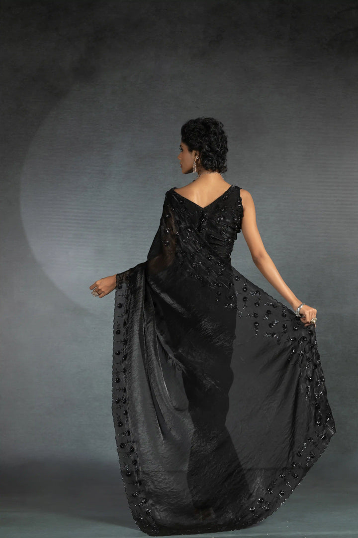 Elegant Two Tone Satin Silk Saree with Hand & Bead Work