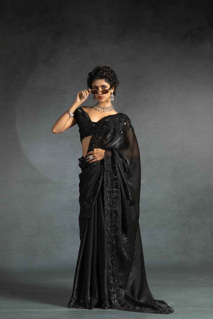 Elegant Two Tone Satin Silk Saree with Hand & Bead Work