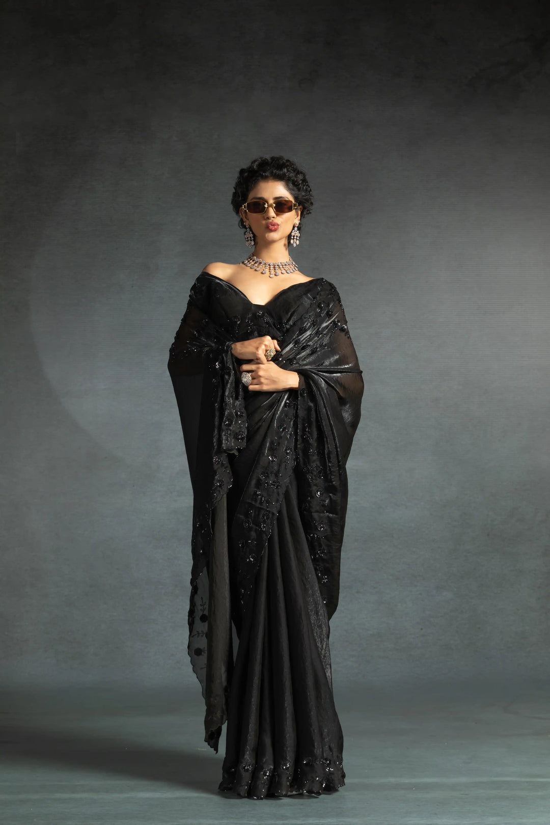 Elegant Two Tone Satin Silk Saree with Hand & Bead Work
