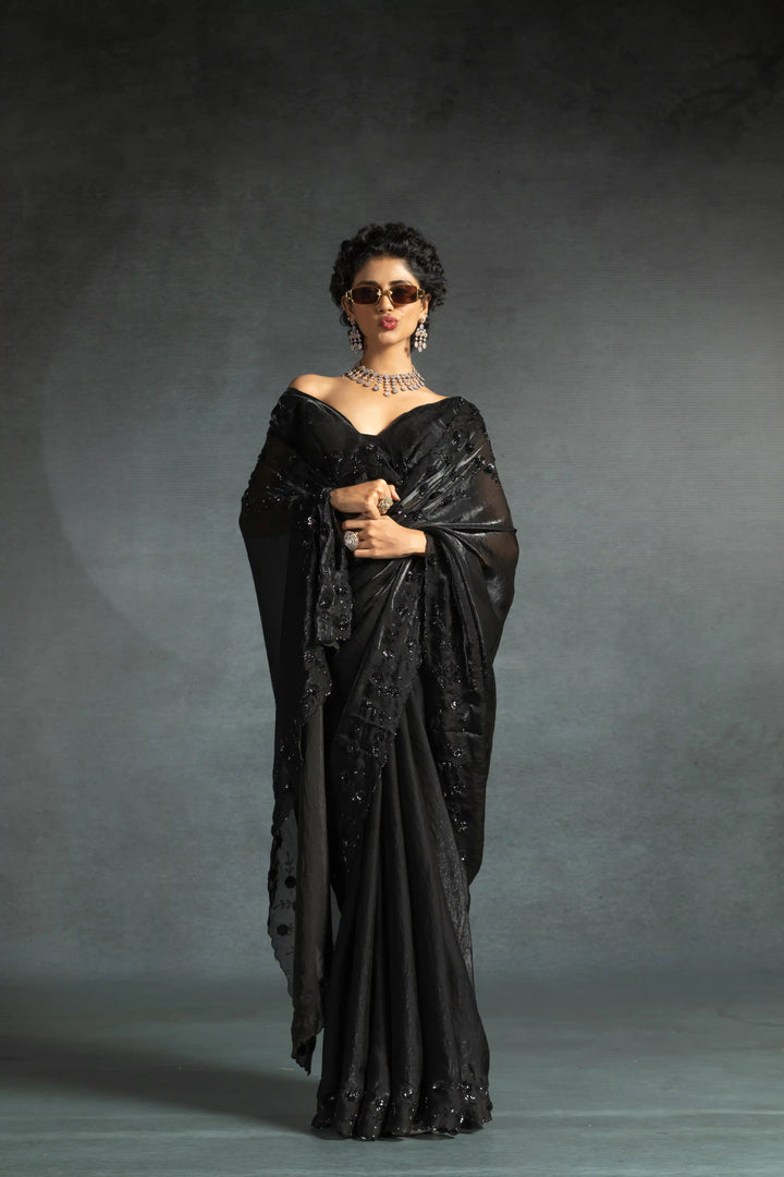 Elegant Two Tone Satin Silk Saree with Hand & Bead Work