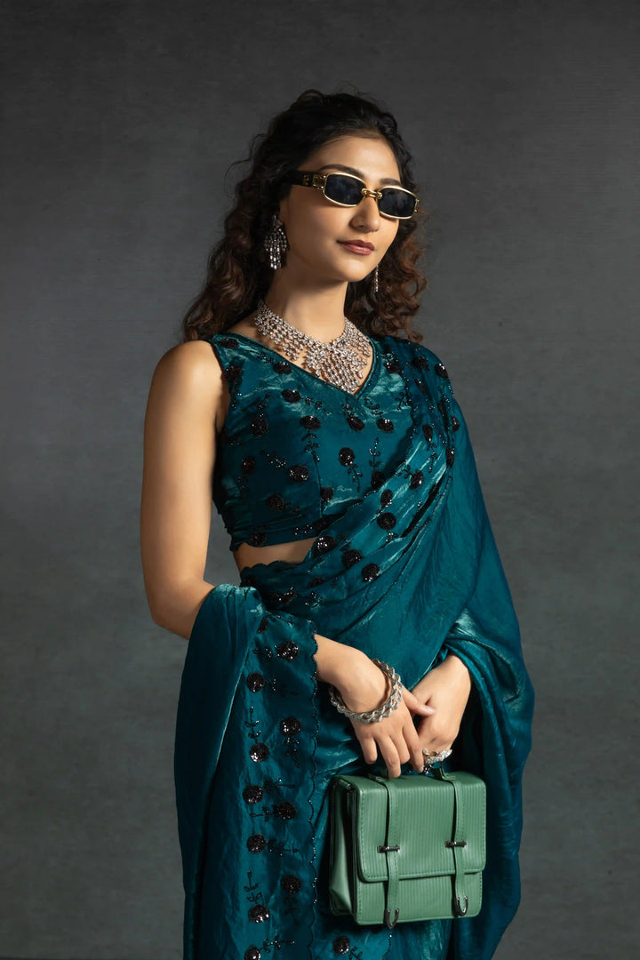 Elegant Two Tone Satin Silk Saree with Hand & Bead Work
