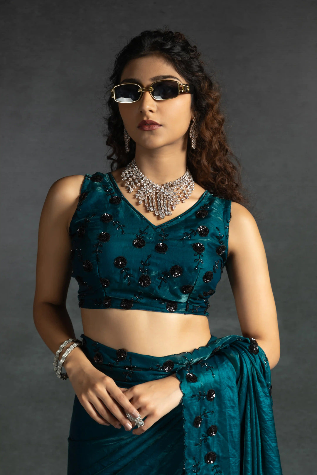 Elegant Two Tone Satin Silk Saree with Hand & Bead Work