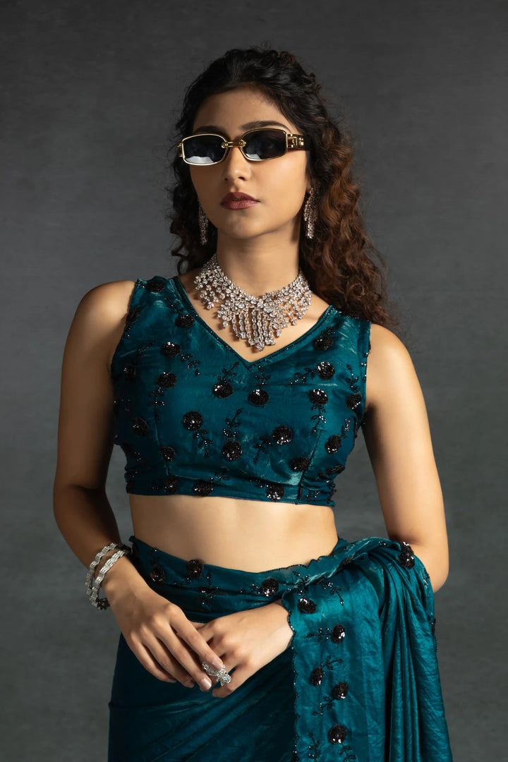 Elegant Two Tone Satin Silk Saree with Hand & Bead Work