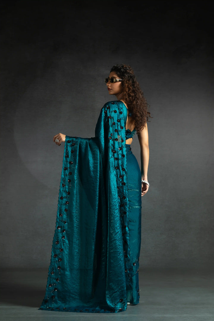 Elegant Two Tone Satin Silk Saree with Hand & Bead Work