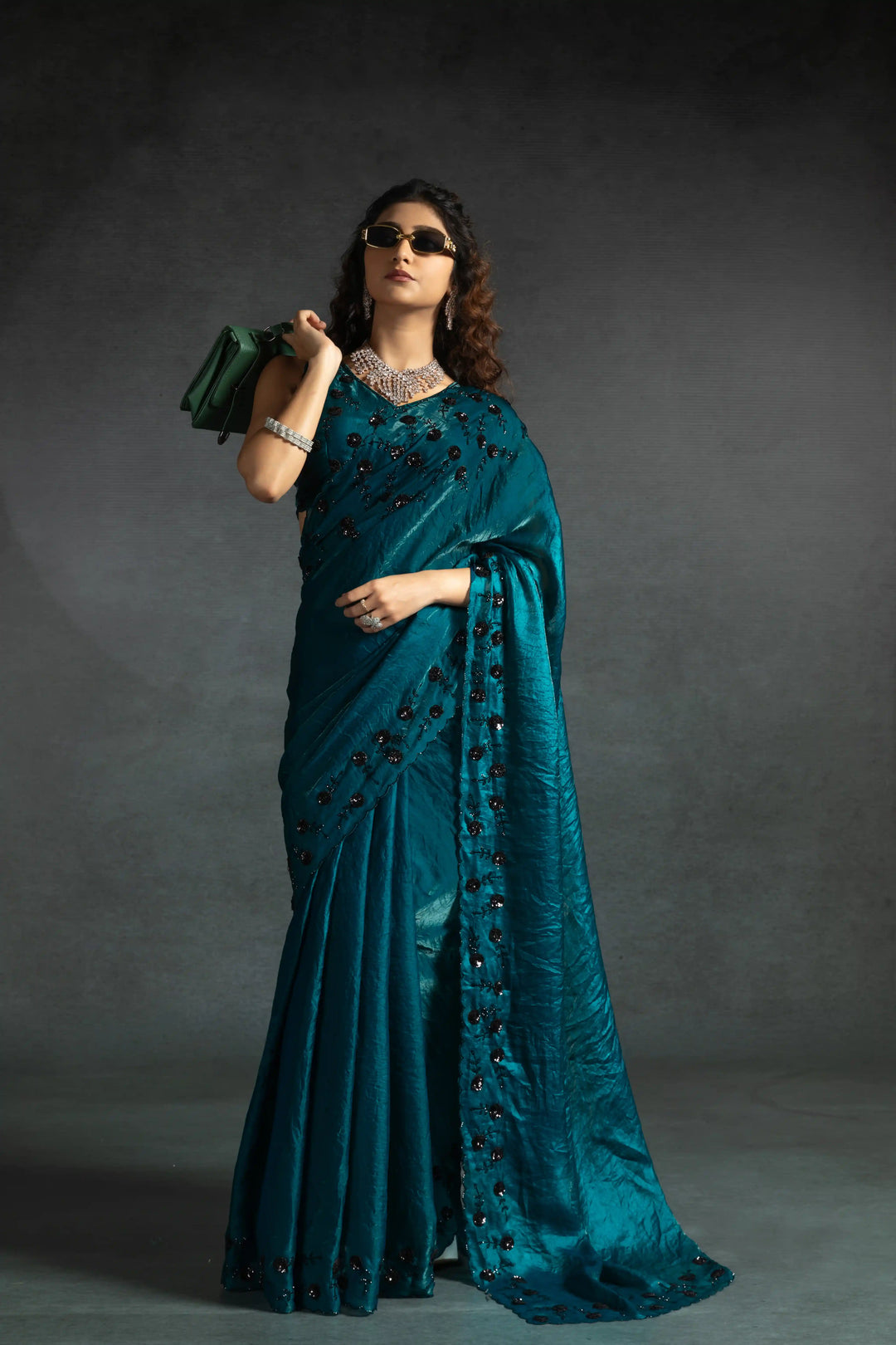 Elegant Two Tone Satin Silk Saree with Hand & Bead Work