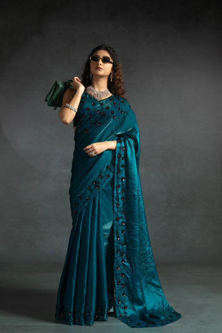 Elegant Two Tone Satin Silk Saree with Hand & Bead Work