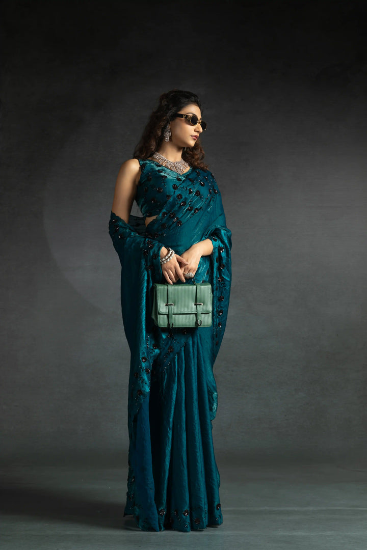 Elegant Two Tone Satin Silk Saree with Hand & Bead Work