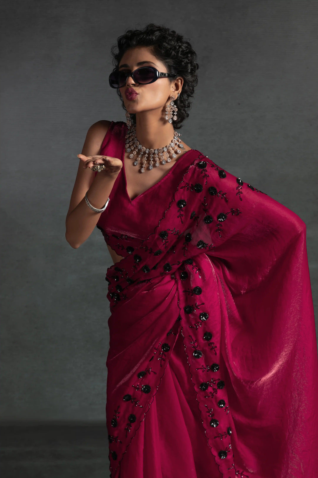 Elegant Two Tone Satin Silk Saree with Hand & Bead Work