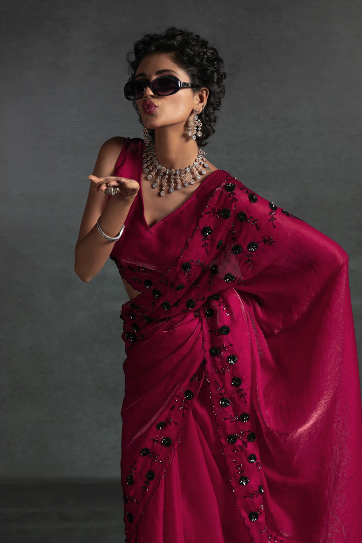 Elegant Two Tone Satin Silk Saree with Hand & Bead Work