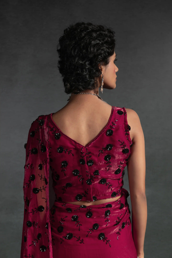 Elegant Two Tone Satin Silk Saree with Hand & Bead Work