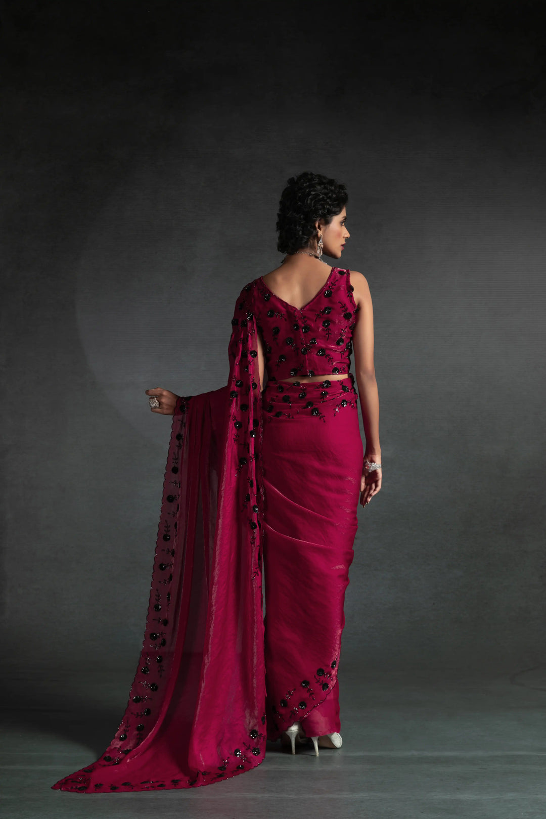 Elegant Two Tone Satin Silk Saree with Hand & Bead Work
