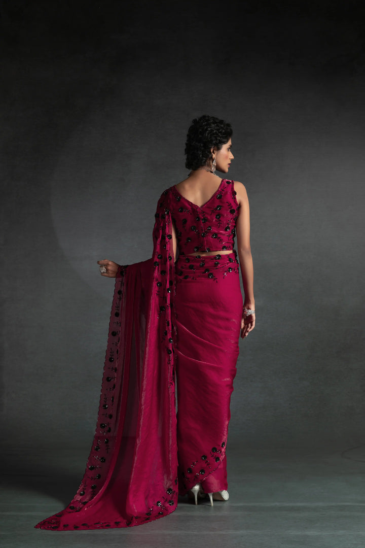 Elegant Two Tone Satin Silk Saree with Hand & Bead Work