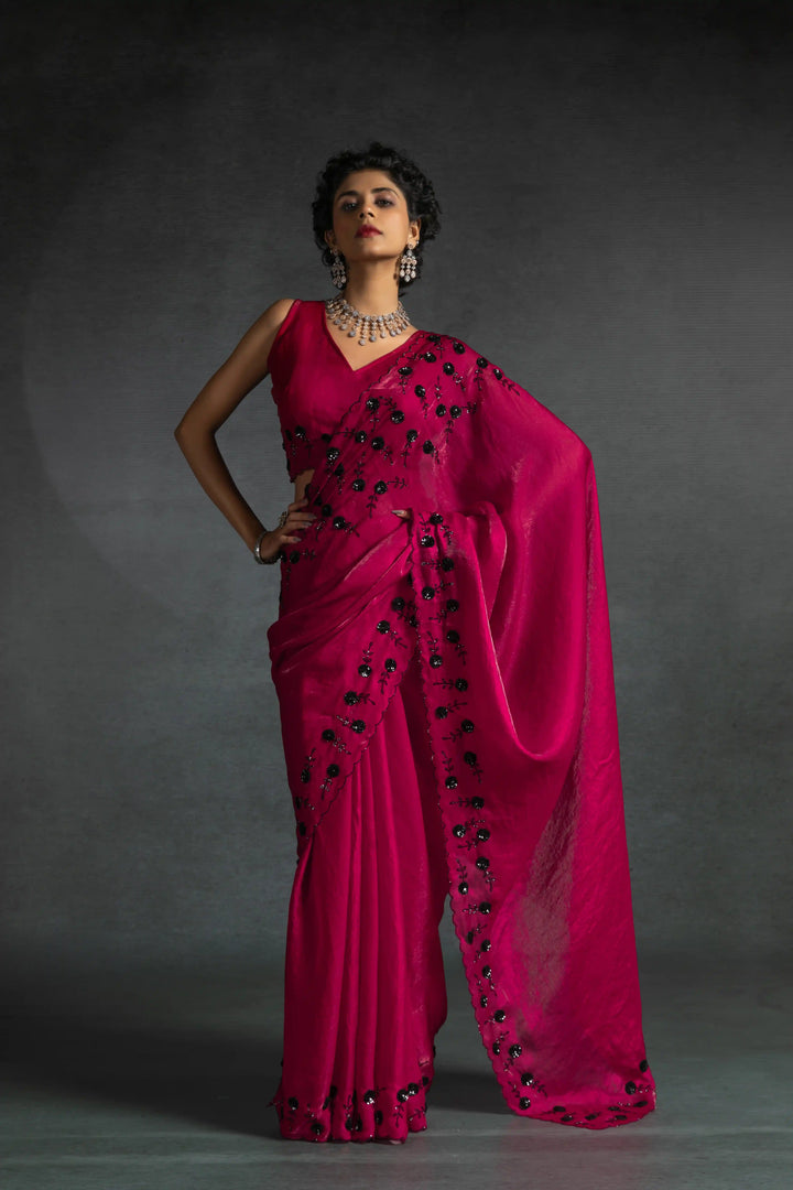 Elegant Two Tone Satin Silk Saree with Hand & Bead Work