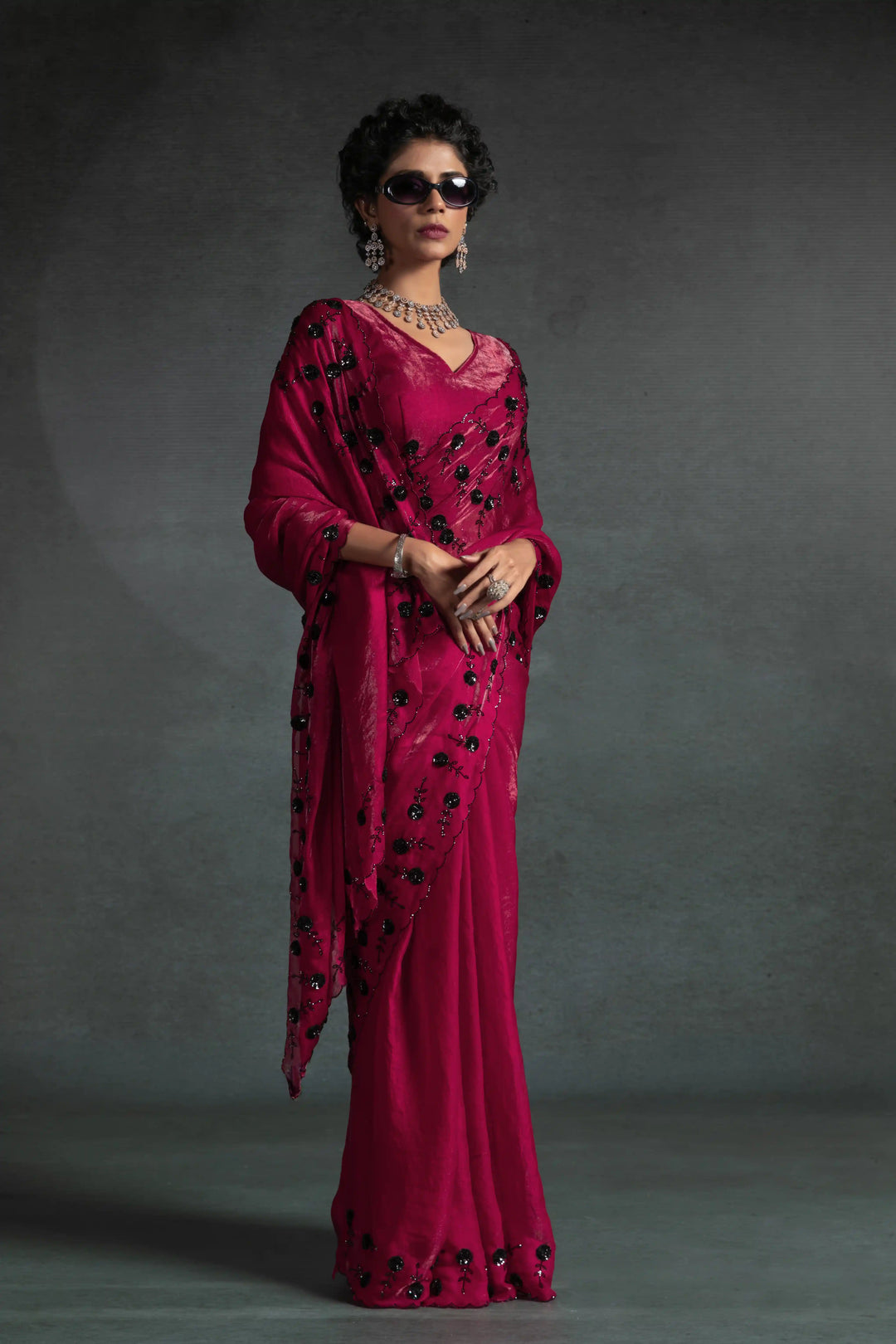 Elegant Two Tone Satin Silk Saree with Hand & Bead Work