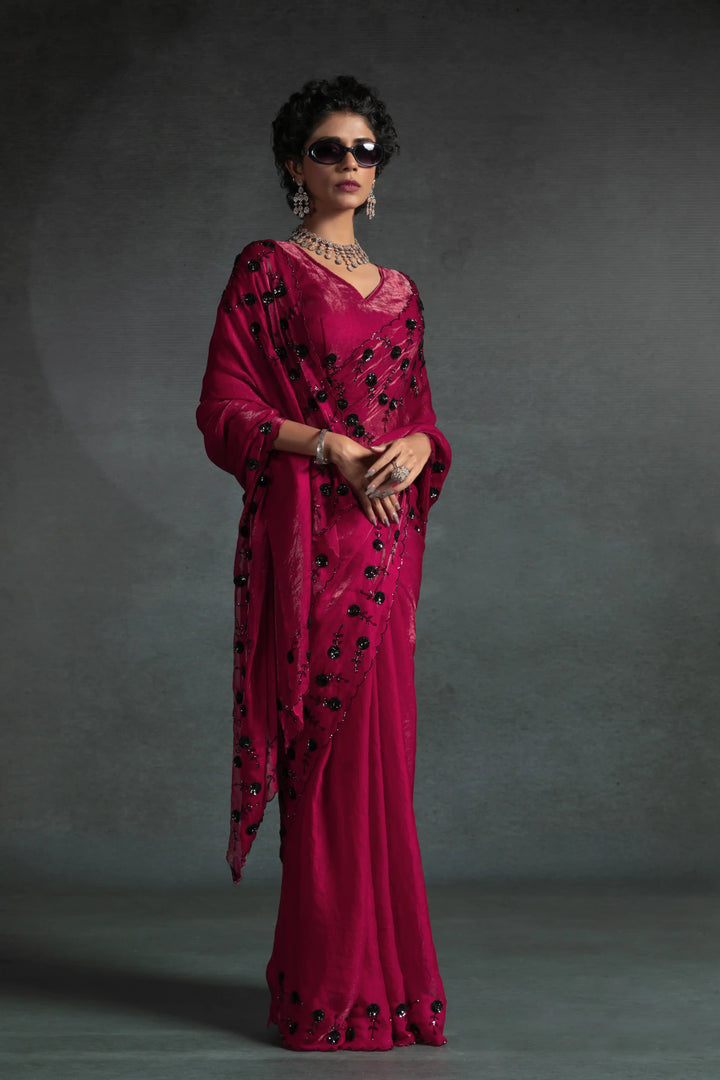 Elegant Two Tone Satin Silk Saree with Hand & Bead Work
