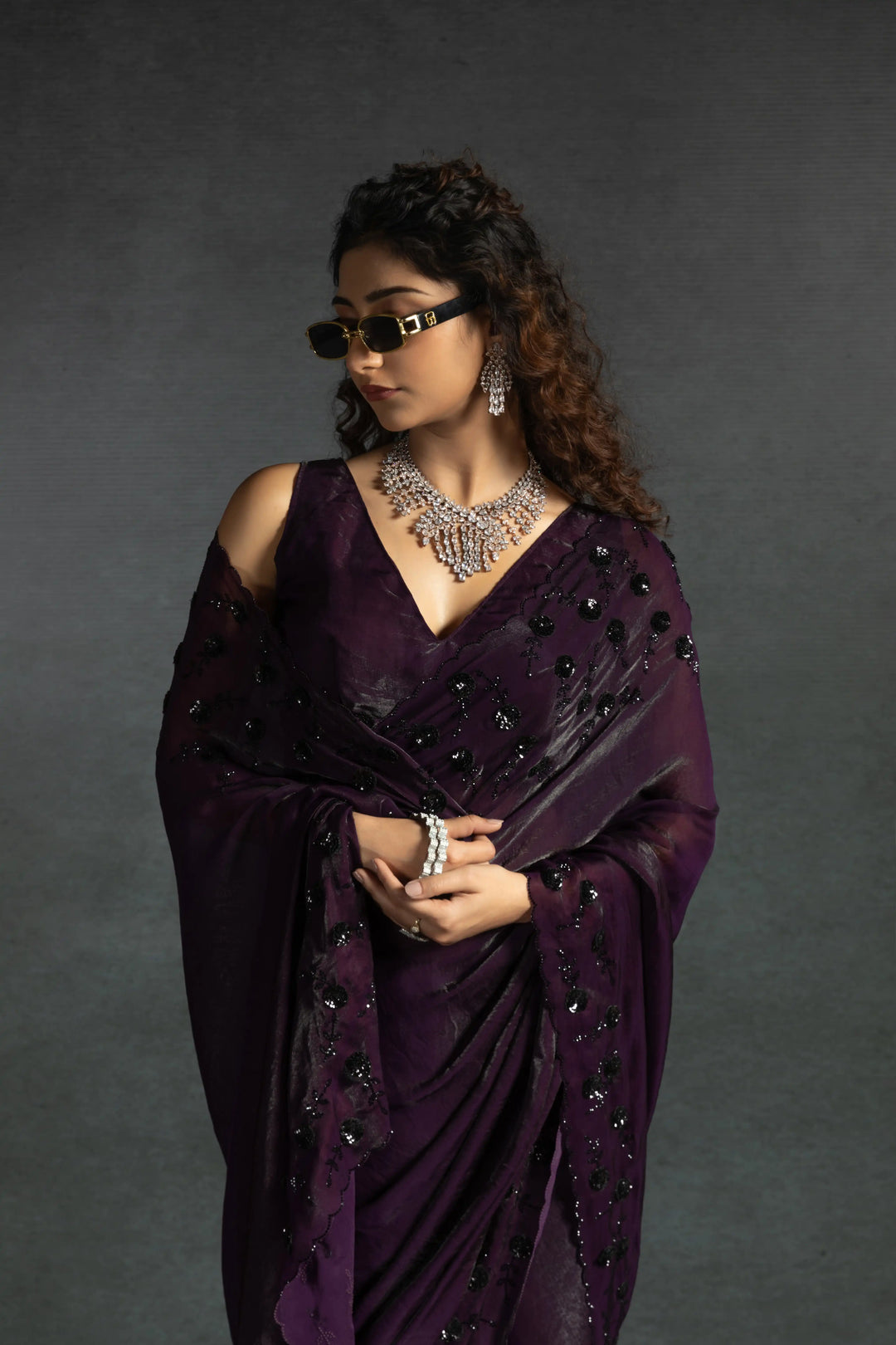 Elegant Two Tone Satin Silk Saree with Hand & Bead Work
