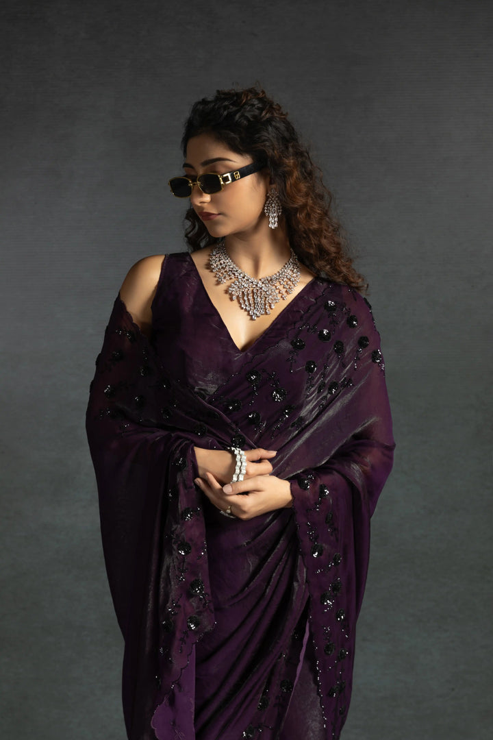 Elegant Two Tone Satin Silk Saree with Hand & Bead Work