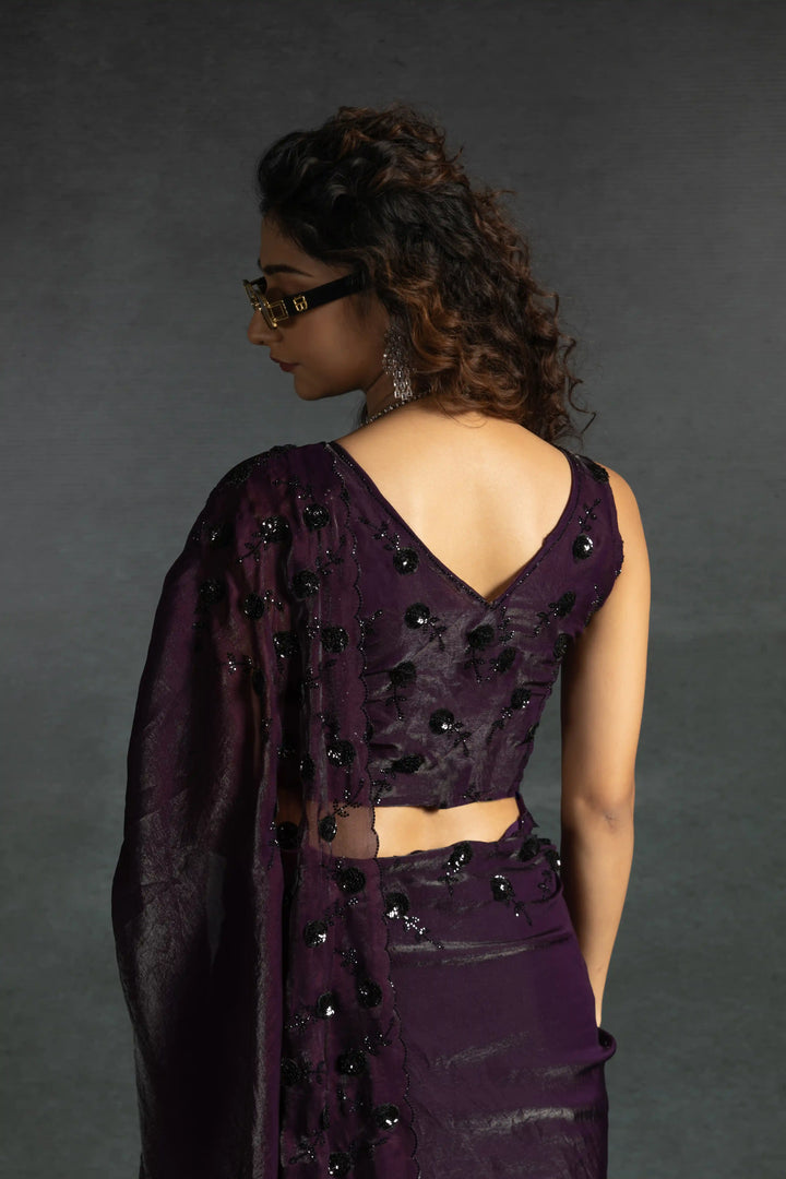 Elegant Two Tone Satin Silk Saree with Hand & Bead Work