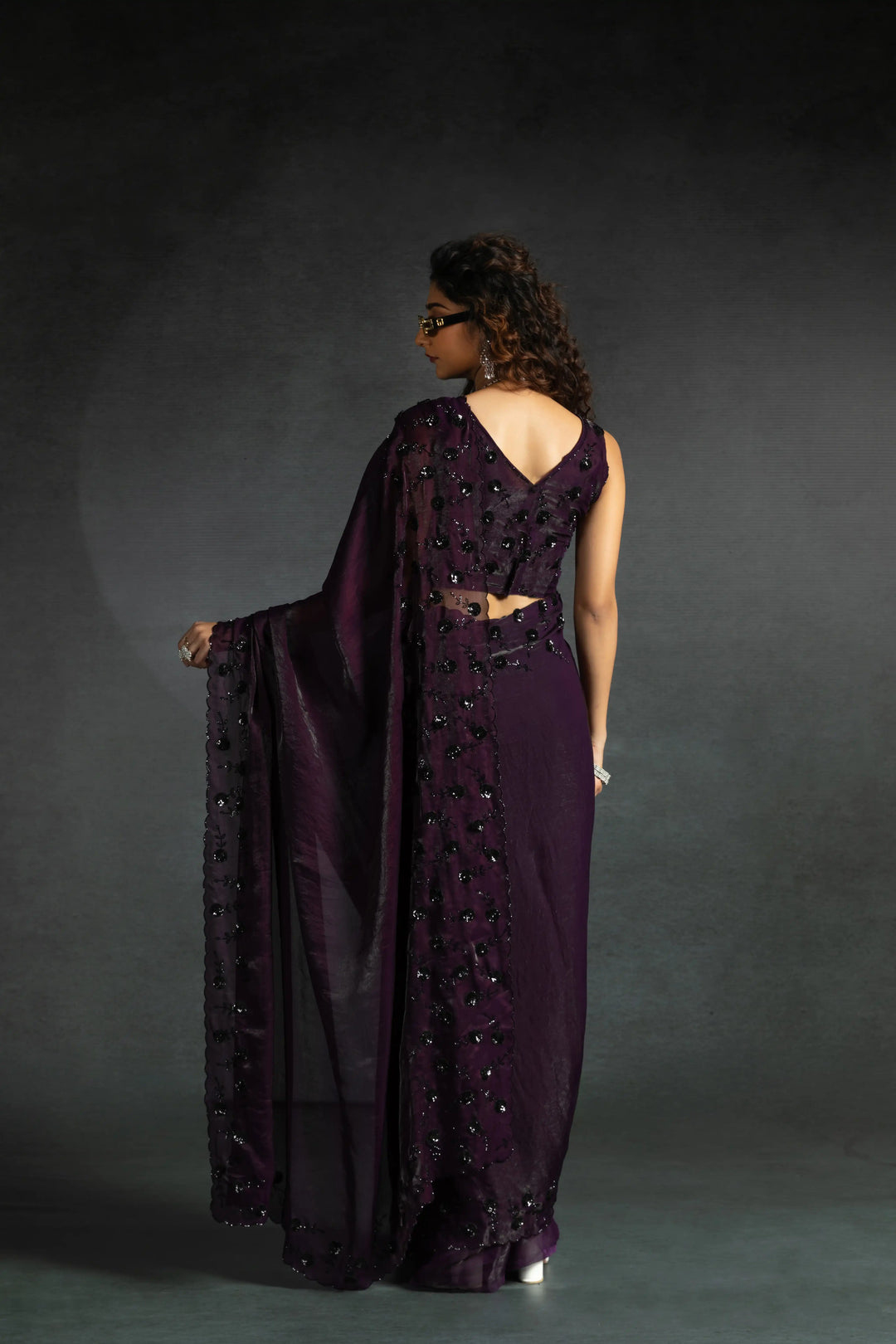 Elegant Two Tone Satin Silk Saree with Hand & Bead Work