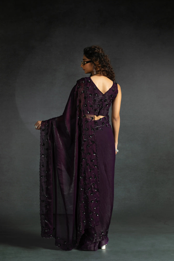 Elegant Two Tone Satin Silk Saree with Hand & Bead Work