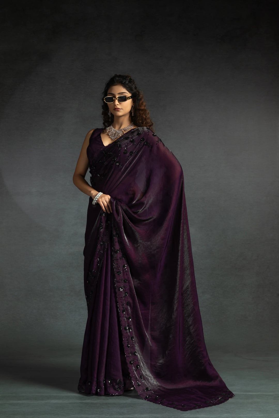 Elegant Two Tone Satin Silk Saree with Hand & Bead Work