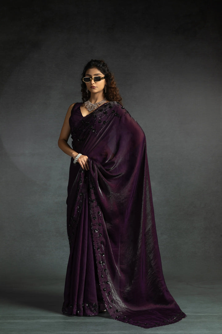 Elegant Two Tone Satin Silk Saree with Hand & Bead Work