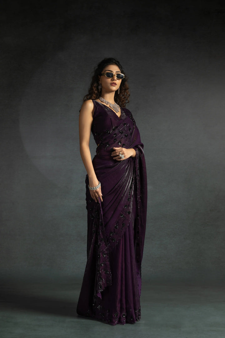 Elegant Two Tone Satin Silk Saree with Hand & Bead Work