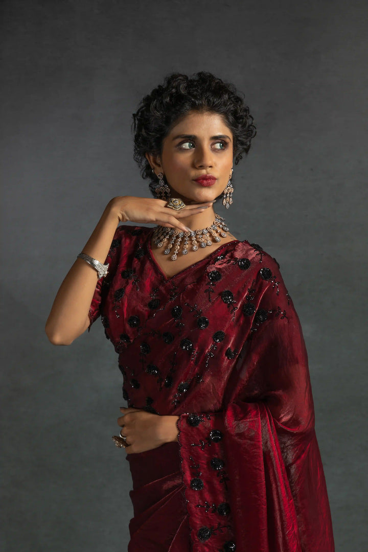 Elegant Two Tone Satin Silk Saree with Hand & Bead Work