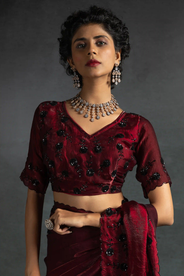 Elegant Two Tone Satin Silk Saree with Hand & Bead Work
