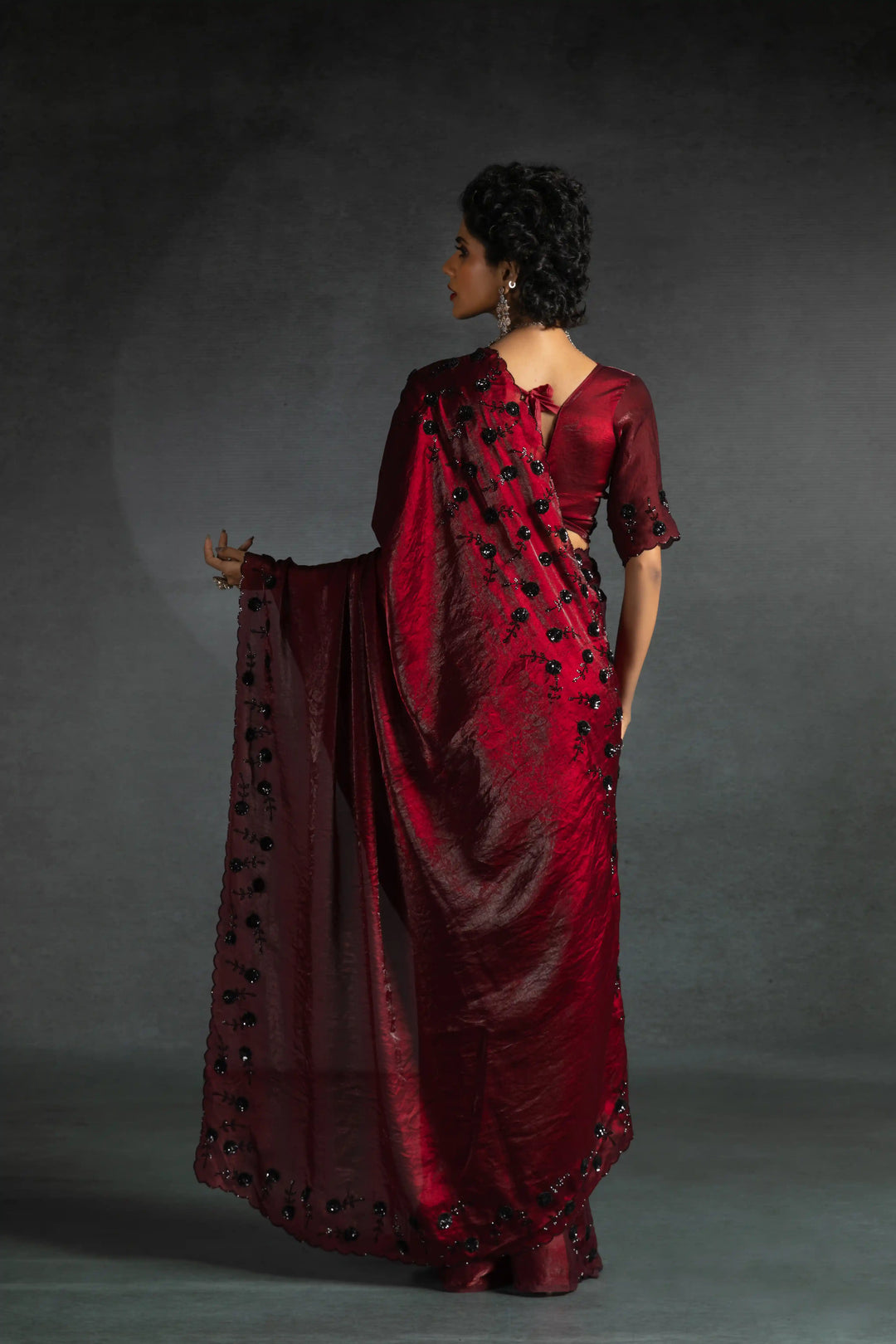 Elegant Two Tone Satin Silk Saree with Hand & Bead Work