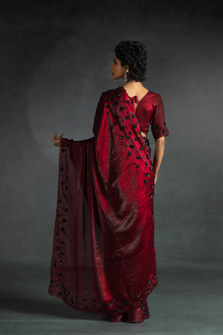 Elegant Two Tone Satin Silk Saree with Hand & Bead Work
