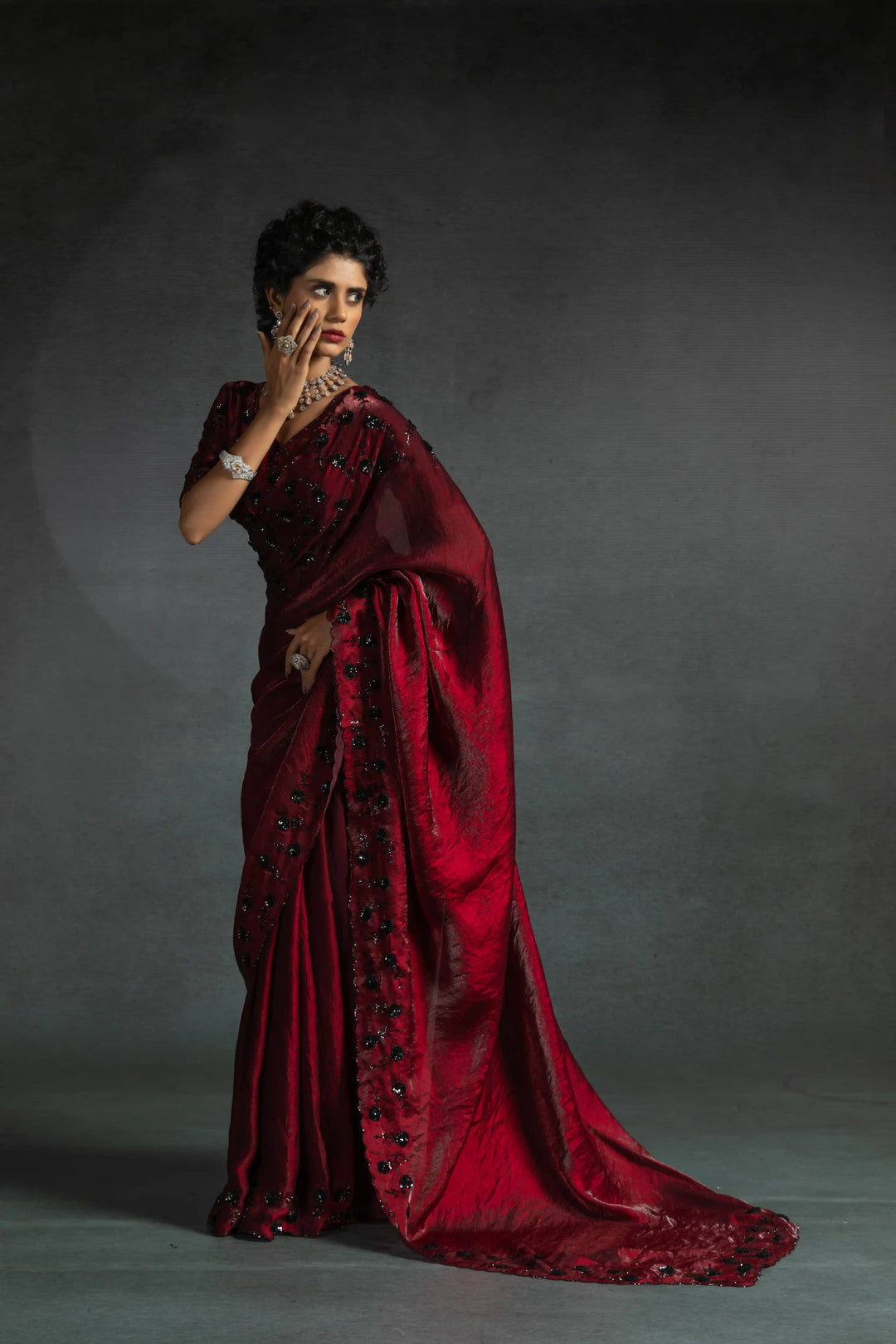 Elegant Two Tone Satin Silk Saree with Hand & Bead Work