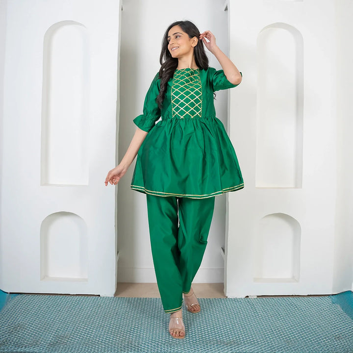 Refreshing Green and Golden Peplum Kurta with Pants For Women