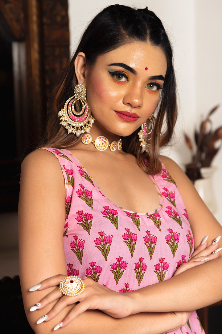 GULBAHAR PINK HAND BLOCK SUIT SET - Pomcha Jaipur