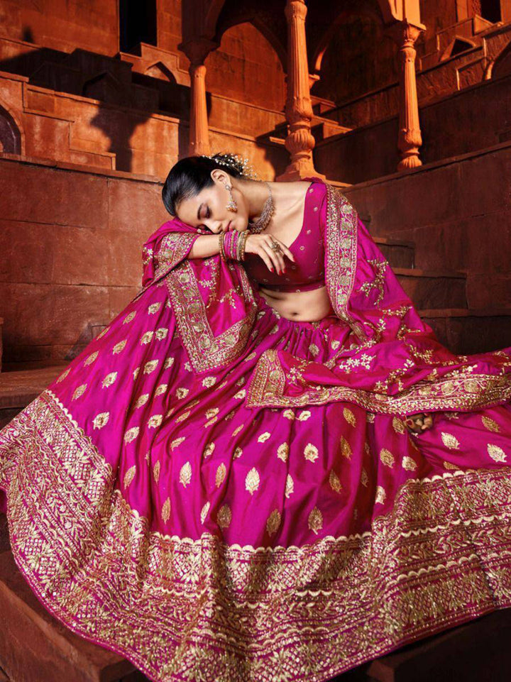 Beautiful Hot Pink Sequins Silk Wedding Lehenga Choli With Dupatta