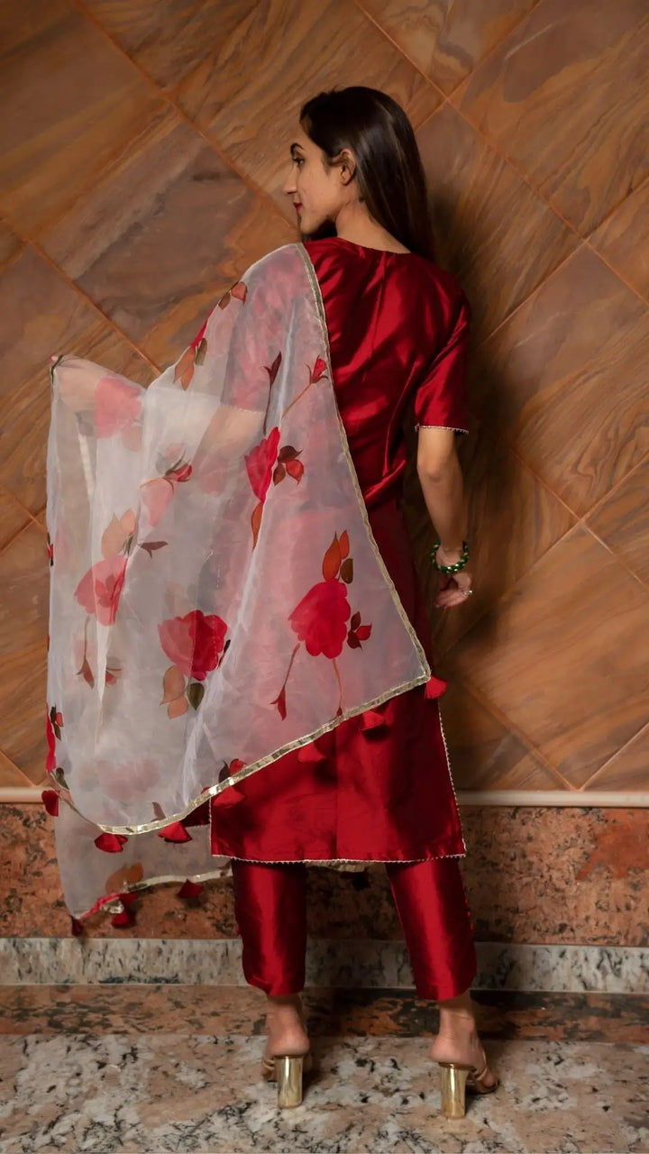 Maroon phool taffeta silk suit | with digital print organza dupatta set signature design