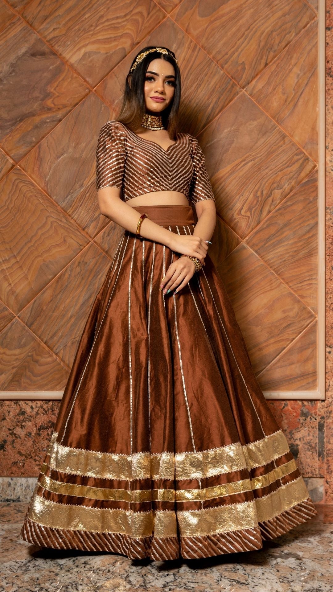 BANI THANI BROWN COTTON SILK LEHENGA SET - Pomcha Jaipur