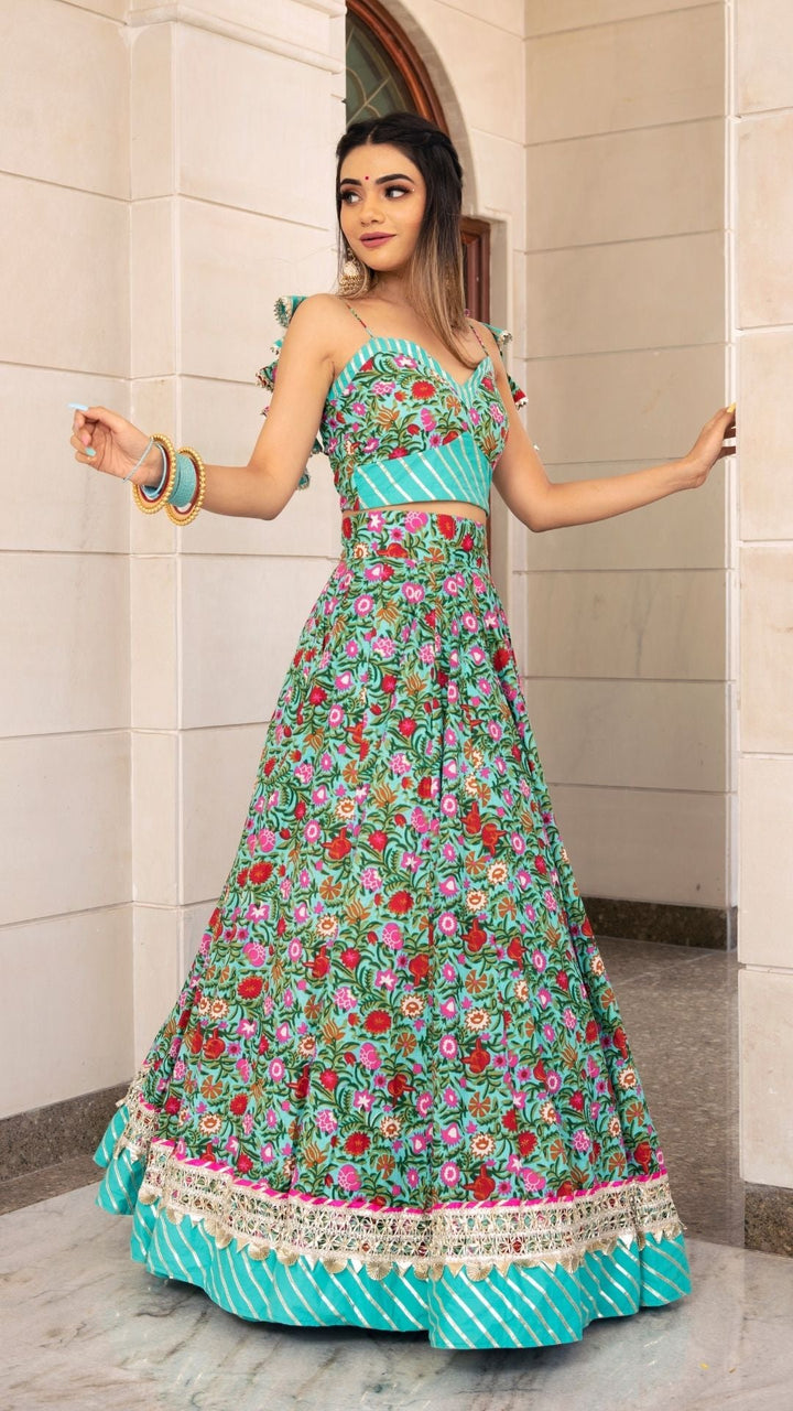 AASMA HAND BLOCK PRINT LEHENGA SET - Pomcha Jaipur . lehanga,dress anarkali,anarkali designer dresses,anarkali suits,lehenga wedding,designer suit anarkali,designer suits anarkali,designer dress anarkali,dupattas,saree collection,saree collections,dress designer,anarkali suits design,anarkali designer suit